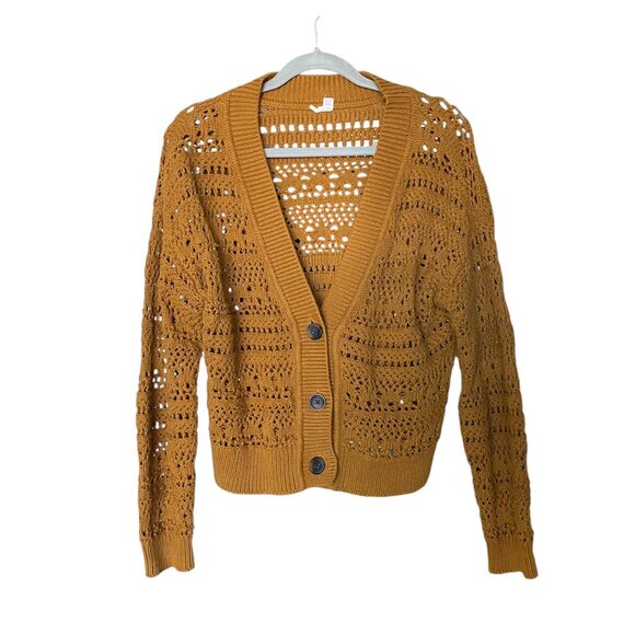 OLD NAVY Ochre Cropped Open-Knit Button Front Crochet Cardigan Size M - Picture 2 of 7